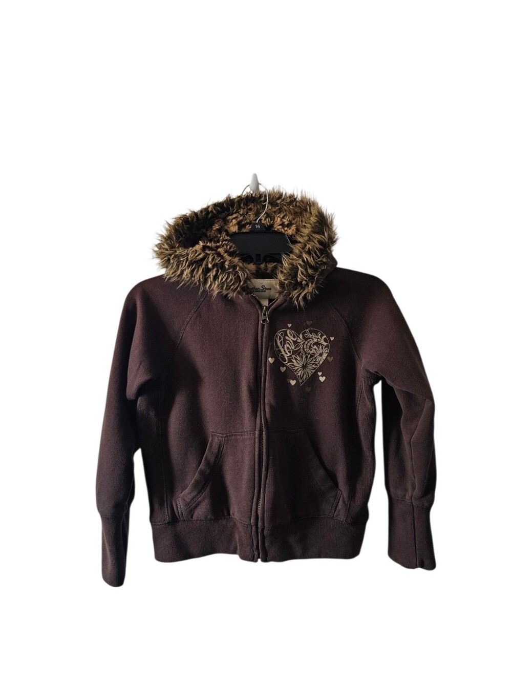 VTG Y2K Jonathan Stone Brown Faux Fur Leopard Hooded Zip Jacket Hoodie Kids 7/8